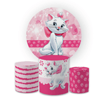 Kit Capa Painel Redondo + Trio Cilindros Decoração Festa Aniversário Desenho Gatinha Marie 