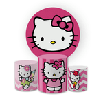 Kit Capa Painel Redondo + Trio Cilindros Decoração Festa Aniversário Infantil Tema Hello Kitty