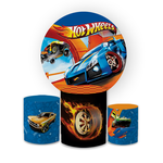 Kit Capa Painel Redondo + Trio Cilindros Decoração Festa Aniversário Infantil Tema Menino Carros Hotwheels 