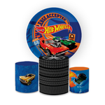 Kit Capa Painel Redondo + Trio Cilindros Decoração Festa Aniversário Infantil Tema Menino Carros Hotwheels 