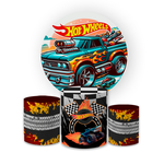 Kit Capa Painel Redondo + Trio Cilindros Decoração Festa Aniversário Infantil Tema Menino Carros Hotwheels 