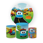 Kit Capa Painel Redondo + Trio Cilindros Decoração Festa Aniversário Infantil Tema Menino Léo Caminhão 