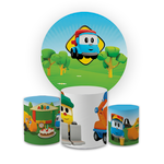 Kit Capa Painel Redondo + Trio Cilindros Decoração Festa Aniversário Infantil Tema Menino Léo Caminhão 
