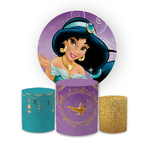 Kit Capa Painel Redondo + Trio Cilindros Decoração Festa Aniversário Infantil Tema Menina Filme Princesa Jasmine 