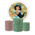 Kit Capa Painel Redondo + Trio Cilindros Decoração Festa Aniversário Infantil Tema Menina Filme Princesa Jasmine 