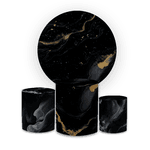 Kit Capa Painel Redondo + Trio Cilindros Decoração Festa Aniversário Tema Efeito Marmorizado Preto e Dourado