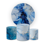 Kit Capa Painel Redondo + Trio Cilindros Decoração Festa Aniversário Tema Efeito Marmorizado Azul e Dourado