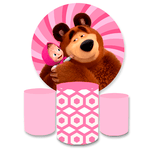 Kit Capa Painel Redondo + Trio Cilindros Decoração Festa Aniversário Infantil Tema Marsha e o Urso Rosa 