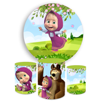 Kit Capa Painel Redondo + Trio Cilindros Decoração Festa Aniversário Infantil Tema Marsha e o Urso 