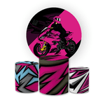 Kit Capa Painel Redondo + Trio Cilindros Decoração Festa Aniversário Tema Motocross Menina 