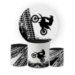 Kit Capa Painel Redondo + Trio Cilindros Decoração Festa Aniversário Tema Motocross 