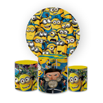 Kit Capa Painel Redondo + Trio Cilindros Decoração Festa Aniversário Infantil Tema Minions Meu Malvado Favorito