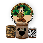 Kit Capa Painel Redondo + Trio Cilindros Decoração Festa Aniversário Infantil Tema Mickey Safari