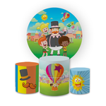 Kit Capa Painel Redondo + Trio Cilindros Decoração Festa Aniversário Infantil Tema Mundo Bita 