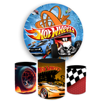 Kit Capa Painel Redondo + Trio Cilindros Decoração Festa Aniversário Infantil Tema Menino Carros Hotwheels 