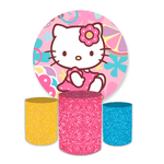 Kit Capa Painel Redondo + Trio Cilindros Decoração Festa Aniversário Infantil Tema Hello Kitty 