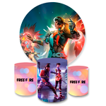 Kit Capa Painel Redondo + Trio Cilindros Decoração Festa Aniversário Jogo Free Fire 