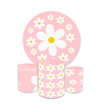 Kit Capa Painel Redondo + Trio Cilindros Decoração Festa Aniversário Flores Margarida Rosa Delicada