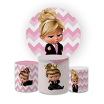 Kit Capa Painel Redondo + Trio Cilindros Decoração Festa Aniversário Infantil Tema Menina Poderosa Chefinha Baby 