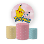 Kit Capa Painel Redondo + Trio Cilindros Decoração Festa Aniversário Infantil Tema Menina Pokemon 