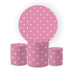 Kit Capa Painel Redondo + Trio Cilindros Decoração Festa Aniversário Tema Bolinhas Poá Rosa