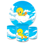 Kit Capa Painel Redondo + Trio Cilindros Decoração Festa Aniversário Infantil Desenho Tema Piu Piu