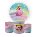 Kit Capa Painel Redondo + Trio Cilindros Decoração Festa Aniversário Infantil Tema Menina Princesa Peach Mario 