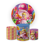 Kit Capa Painel Redondo + Trio Cilindros Decoração Festa Aniversário Infantil Tema Menina Princesa Peach Mario 
