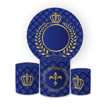 Kit Capa Painel Redondo + Trio Cilindros Decoração Festa Aniversário Tema Realeza Capitonê Azul 
