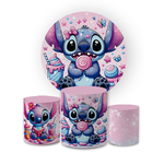 Kit Capa Painel Redondo + Trio Cilindros Decoração Festa Aniversário Infantil Stitch Doces 