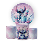 Kit Capa Painel Redondo + Trio Cilindros Decoração Festa Aniversário Infantil Stitch Doces 