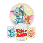Kit Capa Painel Redondo + Trio Cilindros Decoração Festa Aniversário Infantil Tom e Jerry 