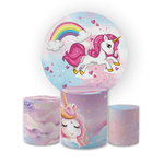 Kit Capa Painel Redondo + Trio Cilindros Decoração Festa Aniversário Tema Menina Infantil Unicórnio Cute 