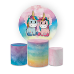 Kit Capa Painel Redondo + Trio Cilindros Decoração Festa Aniversário Tema Menina Infantil Unicórnio Cute 