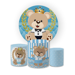 Kit Capa Painel Redondo + Trio Cilindros Decoração Festa Infantil Chá de Bebê Ursinho Realeza Azul 