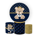 Kit Capa Painel Redondo + Trio Cilindros Decoração Festa Infantil Chá de Bebê Ursinho Realeza Azul 