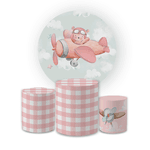 Kit Capa Painel Redondo + Trio Cilindros Decoração Festa Infantil Chá de Bebê Ursinha Aviadora Rosa