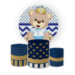 Kit Capa Painel Redondo + Trio Cilindros Decoração Festa Infantil Chá de Bebê Ursinho Realeza Azul 