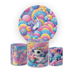 Kit Capa Painel Redondo + Trio Cilindros Decoração Festa Aniversário Tema Menina Infantil Unicórnio Cute 
