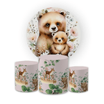 Kit Capa Painel Redondo + Trio Cilindros Decoração Festa Infantil Chá de Bebê Mamãe Ursa 