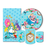 Kit Casadinho Capa Painel Redondo + Retangular + Trio Capas de Cilindro Tema Alice Pais das Maravilhas Desenha Infantil Menina Decora