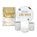 Kit Casadinho Capa Painel Redondo + Retangular + Trio Capas de Cilindro Tema Ano Novo Data Especial Comemoração Dourado