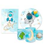 Kit Casadinho Capa Painel Redondo + Retangular + Trio Capas de Cilindro Tema Astronauta Decoração Menino Infantil