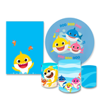 Kit Casadinho Capa Painel Redondo + Retangular + Trio Capas de Cilindro Tema Baby Shark Infantil Decoração