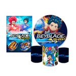 Kit Casadinho Capa Painel Redondo + Retangular + Trio Capas de Cilindro Tema Beyblade Decoração Infantil