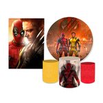 Kit Casadinho Capa Painel Redondo + Retangular + Trio Capas de Cilindro Tema Dead Pool Decoração Menino