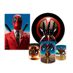 Kit Casadinho Capa Painel Redondo + Retangular + Trio Capas de Cilindro Tema Dead Pool Decoração Menino