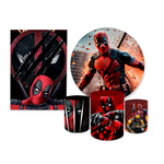 Kit Casadinho Capa Painel Redondo + Retangular + Trio Capas de Cilindro Tema Dead Pool Decoração Menino