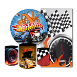 Kit Casadinho Capa Painel Redondo + Retangular + Trio Capas de Cilindro Tema Hotwheels Corrida Decoração Menino