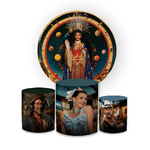 Kit Capa Painel Redondo + Capa Trio Cilindros Sublimados Malha New Decorativo Tema Alto da Compadecida Decoração